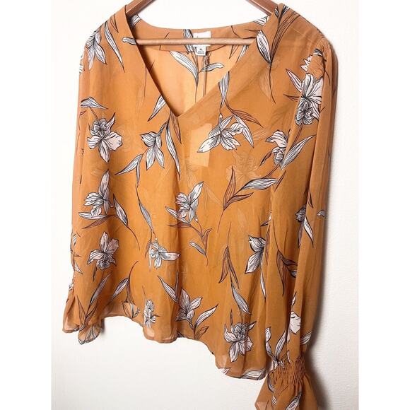 A New Day Women's Sz XL Rust Orange Floral Long Sleeve Sheer Bell Sleeve Top NWT - Picture 3 of 9